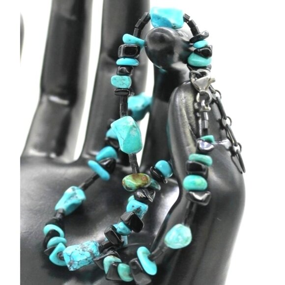 925 STERLING Native American style turquoise/onyx necklace VINTAGE 13.4 grams 17 - Picture 3 of 6